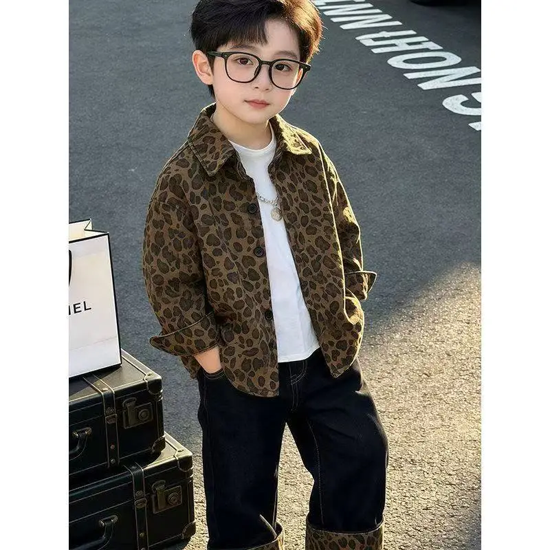 

New Fall Toddler 2-7Y Girls American Style Leopard Print Loose Shirt Jacket & Casual Jeans Trousers for 90-140cm