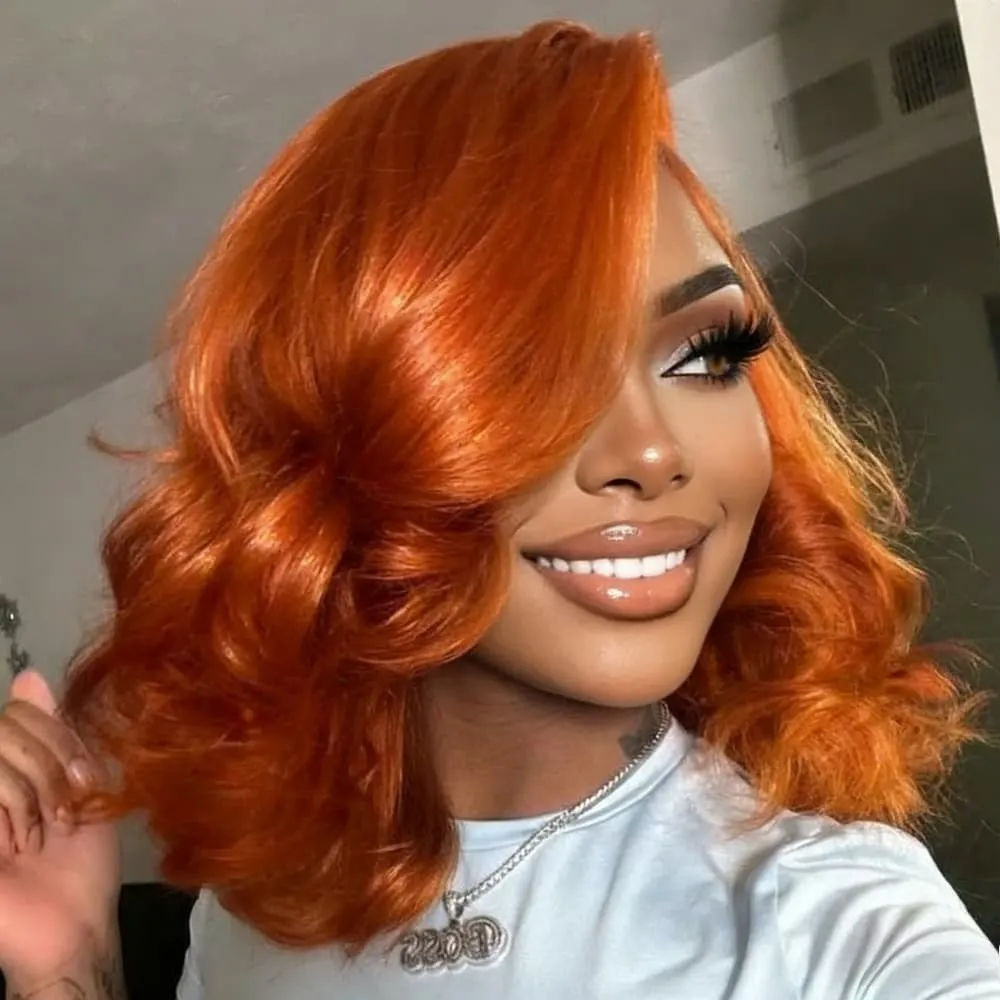 

Парик Ginger Orange, короткий боб, с небрежными волнами, на кружевной основе 13x4 HD, с эффектом Body Wave, из натуральных волос, плотность 200%
