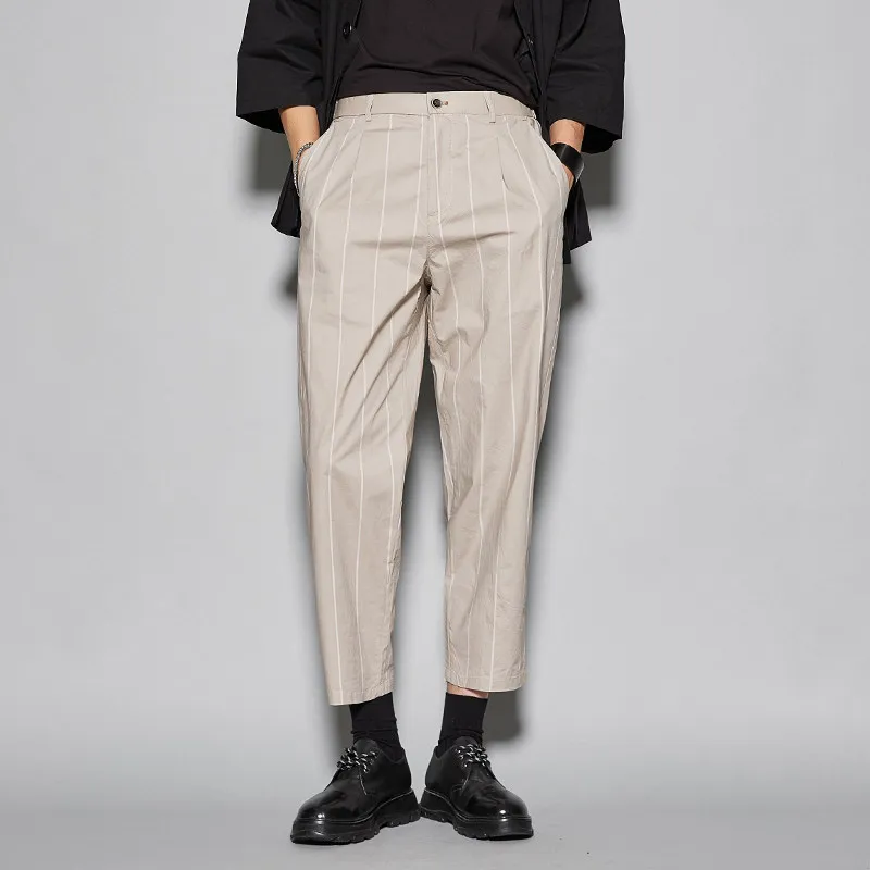 High Quality Beige Stripes and Black Cotton Casual Cropped Pants Men Straight Suit Pants Korean Style Trendy Men's Pants