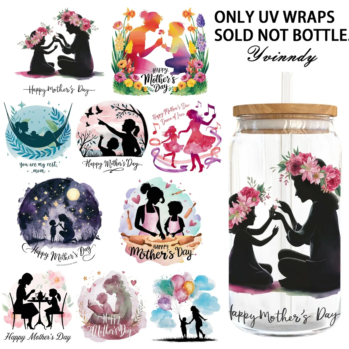 4 Stück/Set Muttertags-Silhouetten DIY Hellbeige Tumbler-Wrap Dekoratives Transferpapier UV DTF