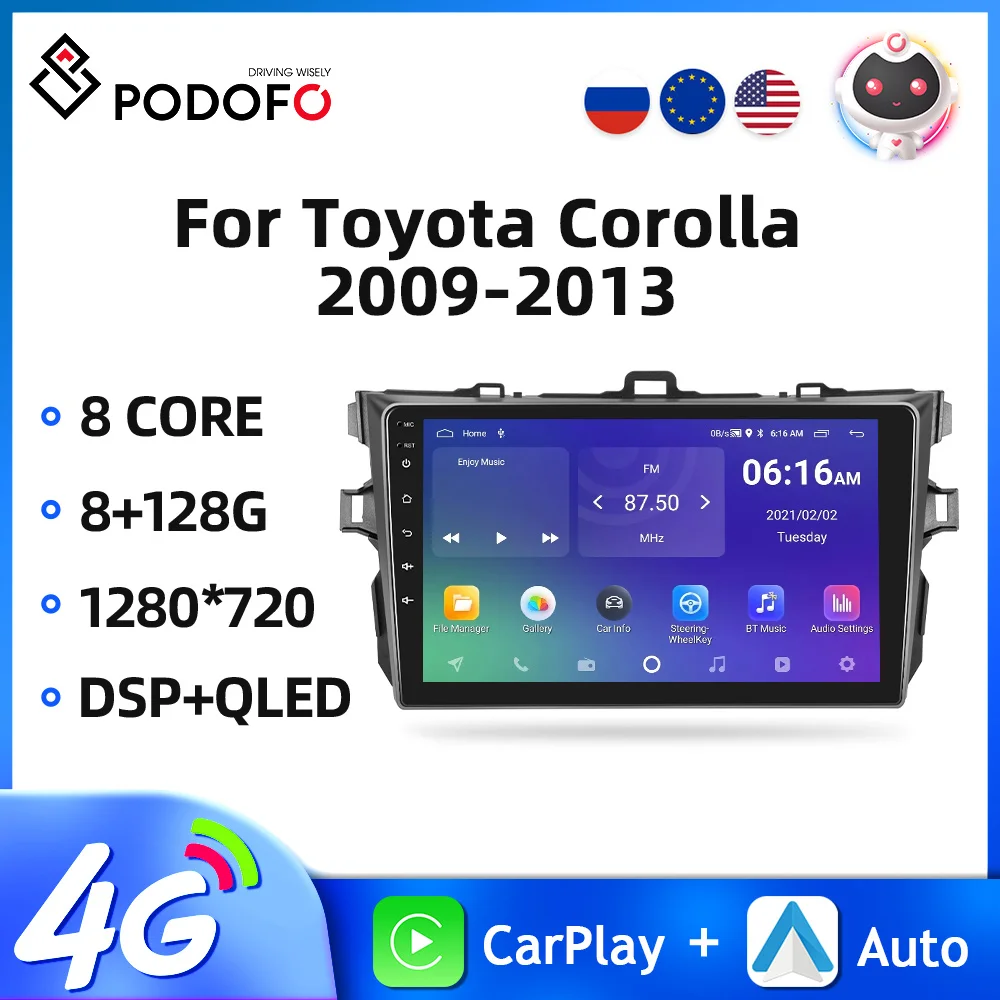 

Podofo 2din Car Radio Car Multimedia Player For Toyota Corolla 2009-2013 8+128G Android Auto Radio GPS 4G WIFI DSP Carplay 8Core