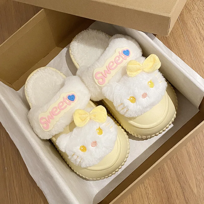 

Детские хлопковые тапочки Hello Kitty, съемные зимние теплые бархатные домашние домашние меховые туфли, детская обувь Kawaii на толстой подошве