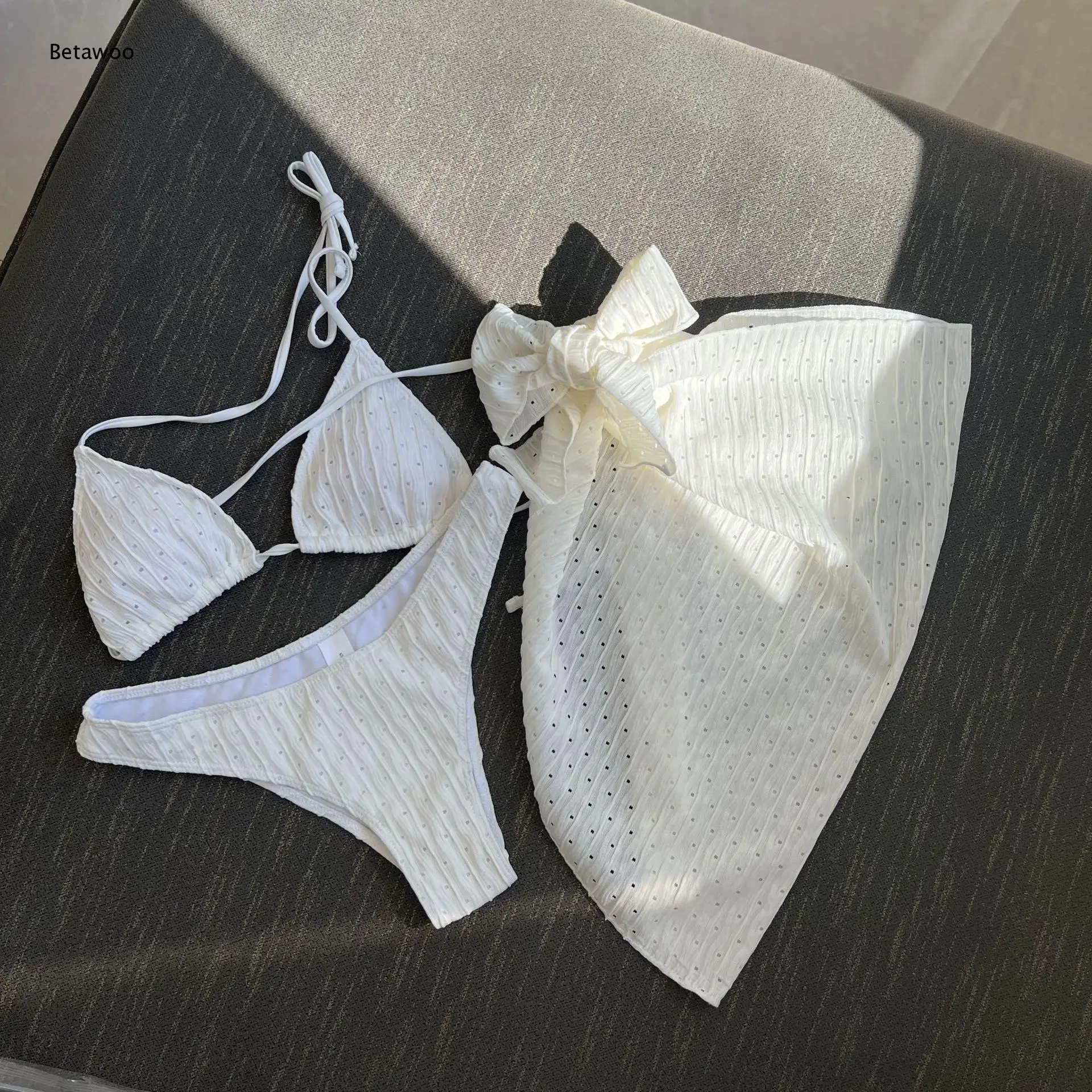 Women 3 Pieces Bikini Set Textured Rhinestone Halter Triangle Top High Cut Bottom Tie Wrap Cover Up Skirt Summer Beach SwimSuit