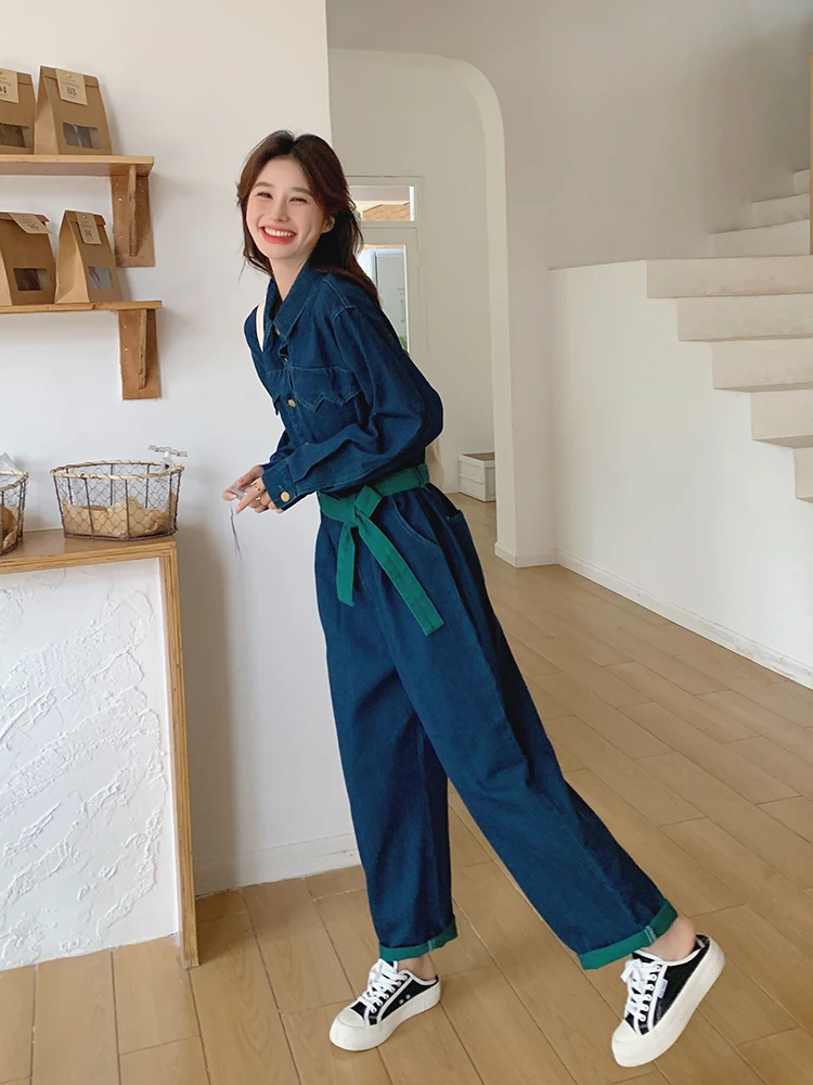 カラーブロワークウェアデニムジャンプスーツレディース春秋ルーズカジュアルファッショナブル年齢軽減ワイドレッグパンツ