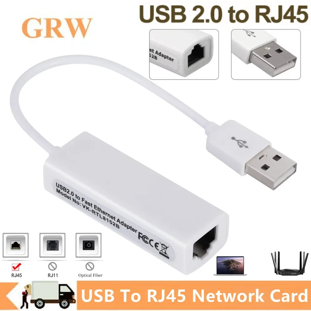 GRWIBEOU USB 2.0 to RJ45 Network Card 10/100Mbps USB Lan RJ45 Network Card USB to Ethernet Adapter For PC Laptop Windows 7 8 10