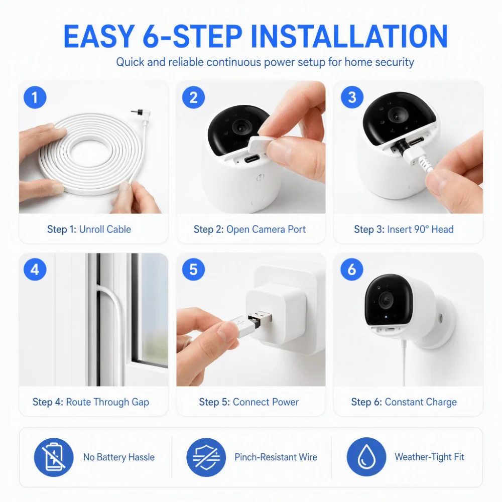 TPE Security Camera Power Cable Right Angle Connector White USB-C Power Cable USB-A to USB-C for Arlo Essential/XL /2K