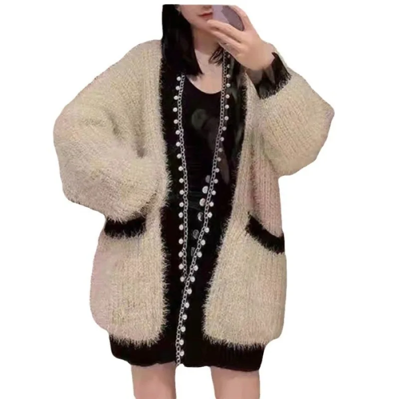 Autumn and Winter Women's Coat Small Perfume Style Heavy Beading Shiny Silk Furry Sweater Knitted Cardigan Loose Soft Sticky