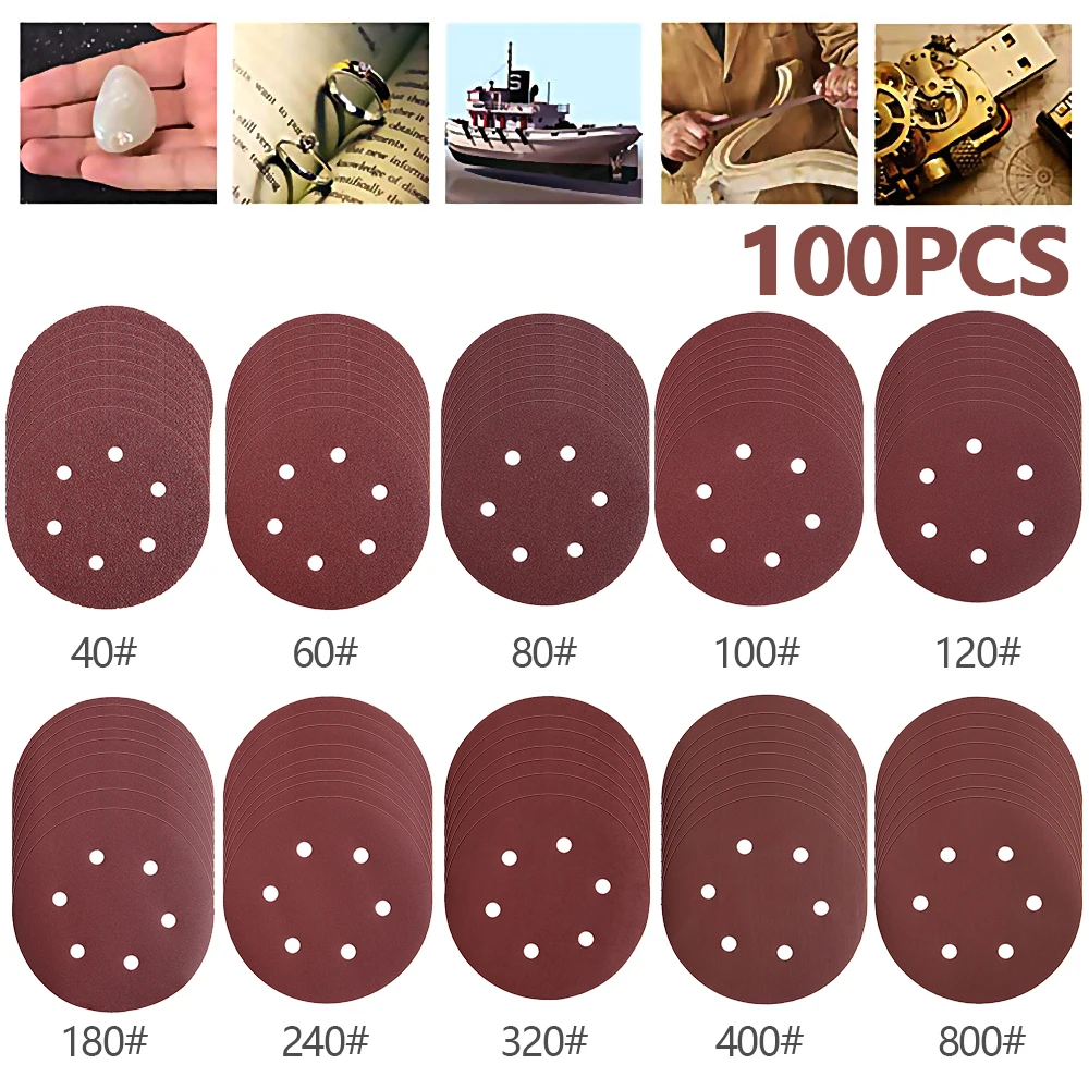 100 Pcs 6In 150mm Round Sandpaper Set Six Hole Disk Sand Sheets Grit 40-800 Sanding Discs Hook Loop Sanding Paper Buffing Sheet