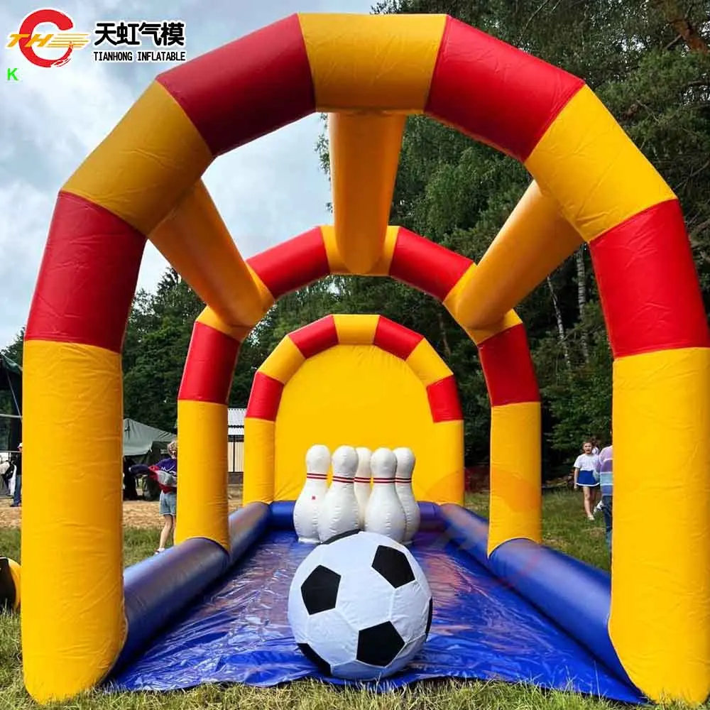 3x7x3mH comercial enorme inflável futebol boliche jogo de tiro aluguel ao ar livre pinos de boliche infláveis e bolas brinquedos de carnaval