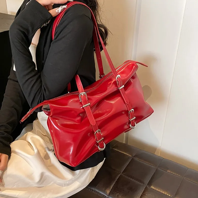 

Red Belt Design Shoulder Bags Women 2024 New Fashion PU Leather Large Capacity Tote Bag Trend Solid Big Simple Handbags Female