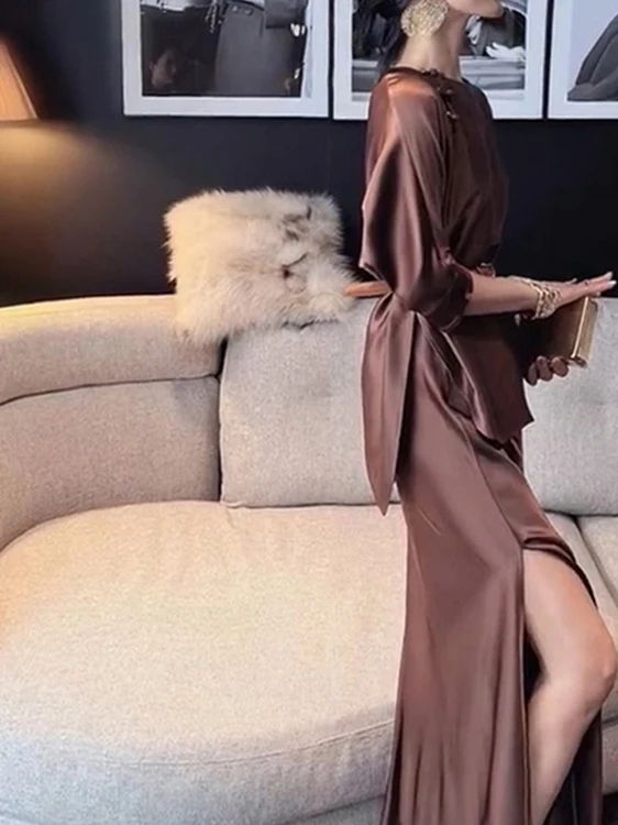 

Elegant Acetate Satin Set Dress Women's Luxury Large Brand Coffee Color Dress New Style Commute Style Spring Summer Fashion