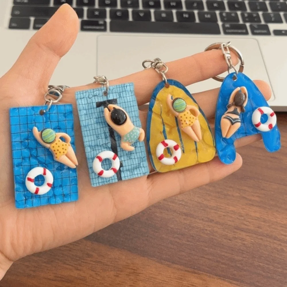 Fashion Acrylic Pool Floating Board Keychain Alloy Decorative Swimming Figure Pendant Creative Blue Yellow Bag Charm Summer