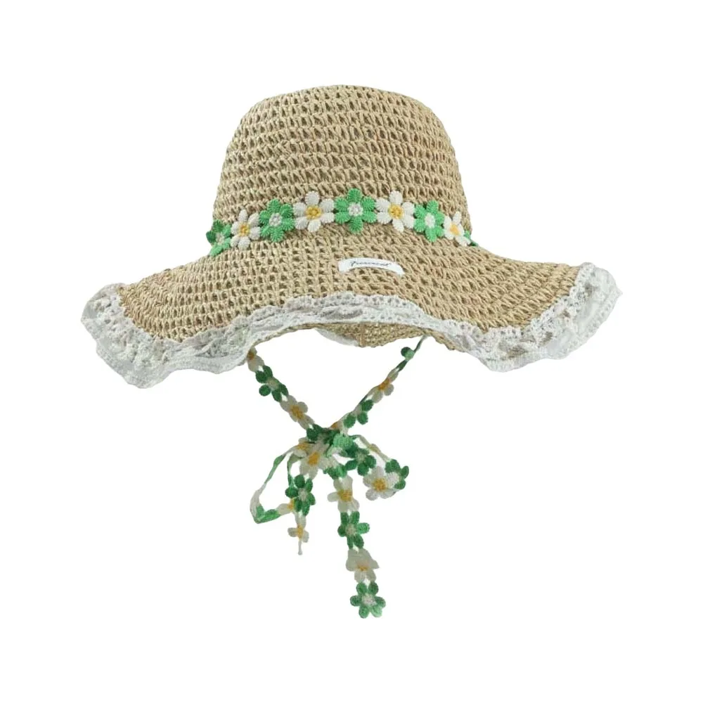 

Breathable Vacation Beach Cap with Garland Lightweight Big Brimmed Straw Hat Sunshade Topi with Lace Woven Sun Cap Summer