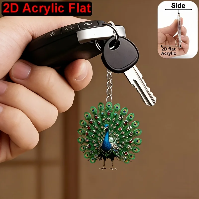 2D flat acrylic keychain for women, featuring an “Elegant Peacock Spreading Its Wings” design; no batteries required