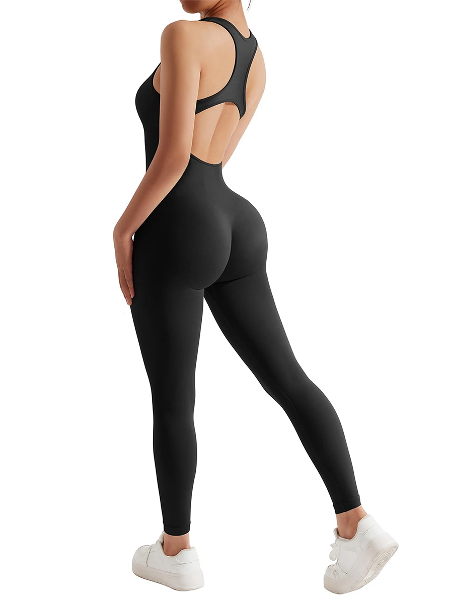 Women Workout Jumpsuit Sleeveless U Neck Backless Hollowed One Piece Yoga Rompers Tummy Control Gym Bodysuit