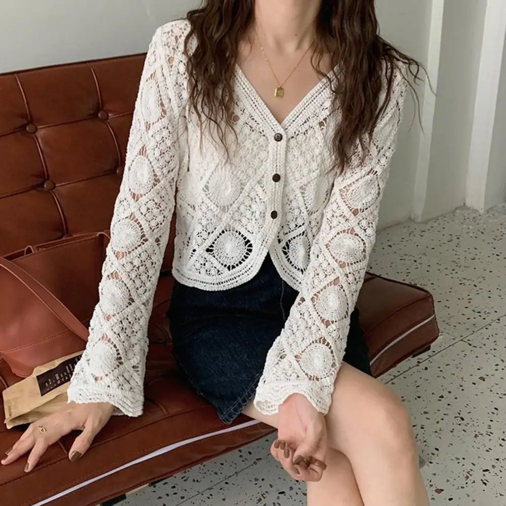 Кружевной кардиган ручной работы, вязаный крючком, женский кардиган 2025, рукав 3/4, ажурный прозрачный свитер с открытой передней частью, летний вязаный свитер в стиле бохо
