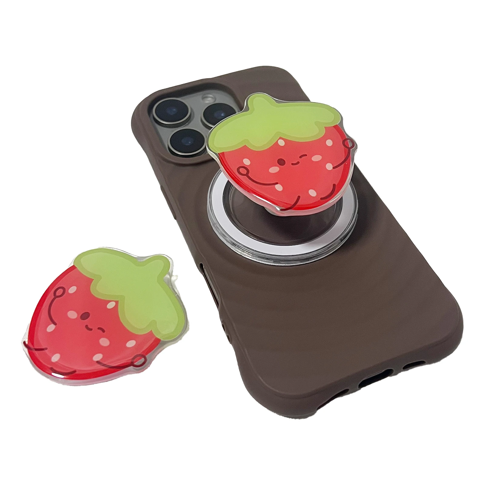 

Милый мультяшный маленький ручной клубничный держатель для телефона Griptok, поддержка iPhone 17, 16, PM, Samsung Grip Tok, кронштейн для розетки, подарок для девочки