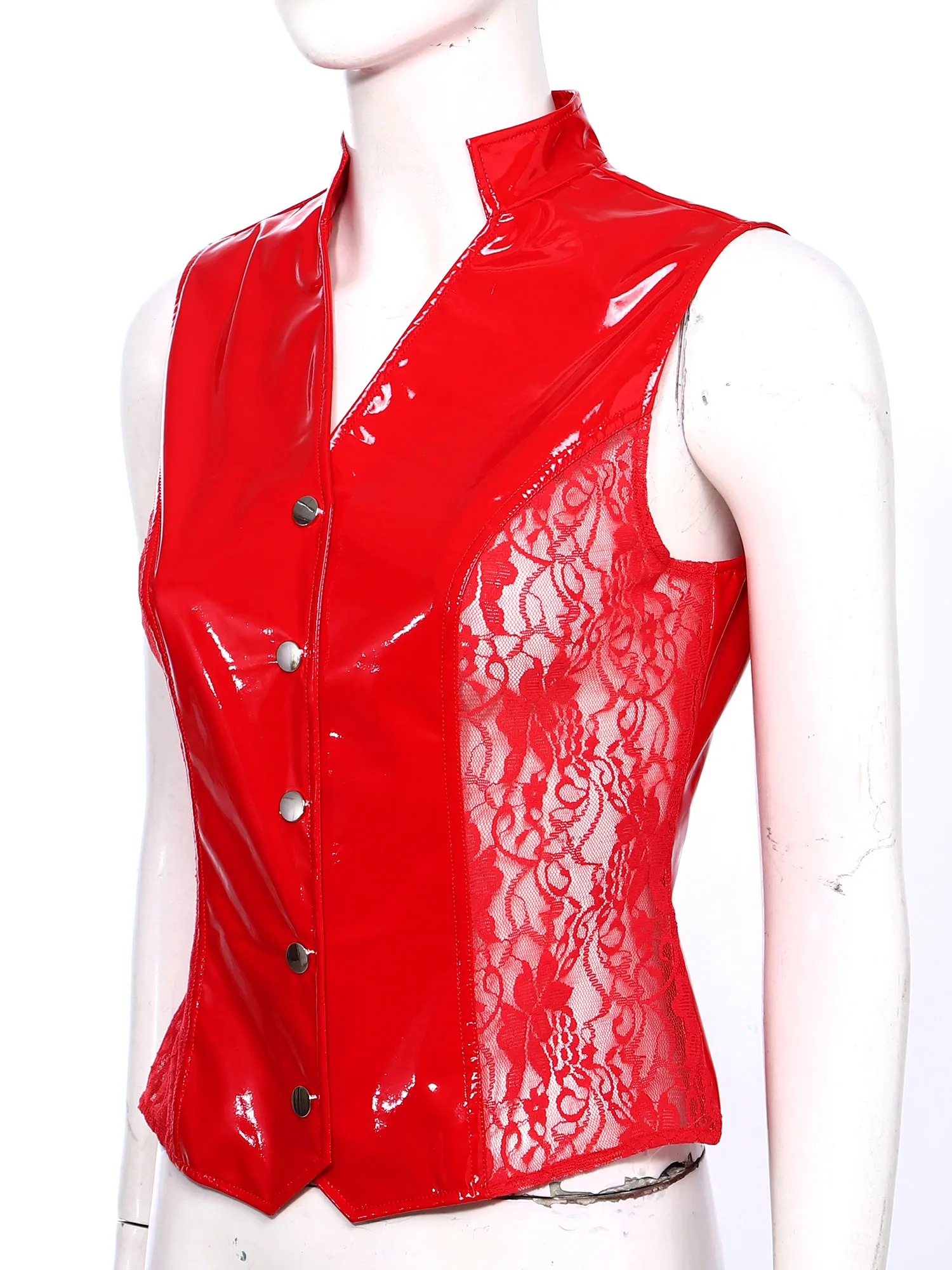 

Women Vest Glossy PU Leather Vest Sleeveless Slim Fit Cardiagn Sheer Floral Lace Sides Tank Top Formal Blouse Waistcoat Vest