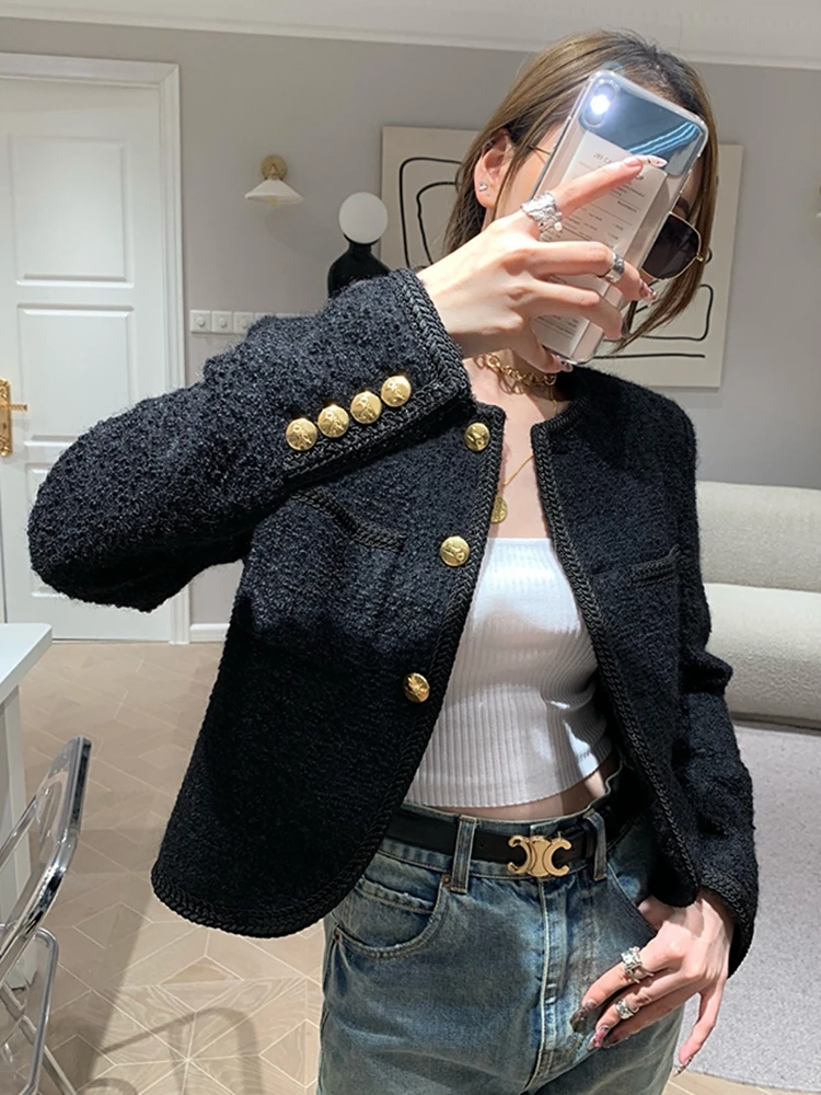 

High Quality French Vintage Tweed Jacket Women Autumn Winter Korean Chic Fried Street Woolen Coat Casaco Outwear