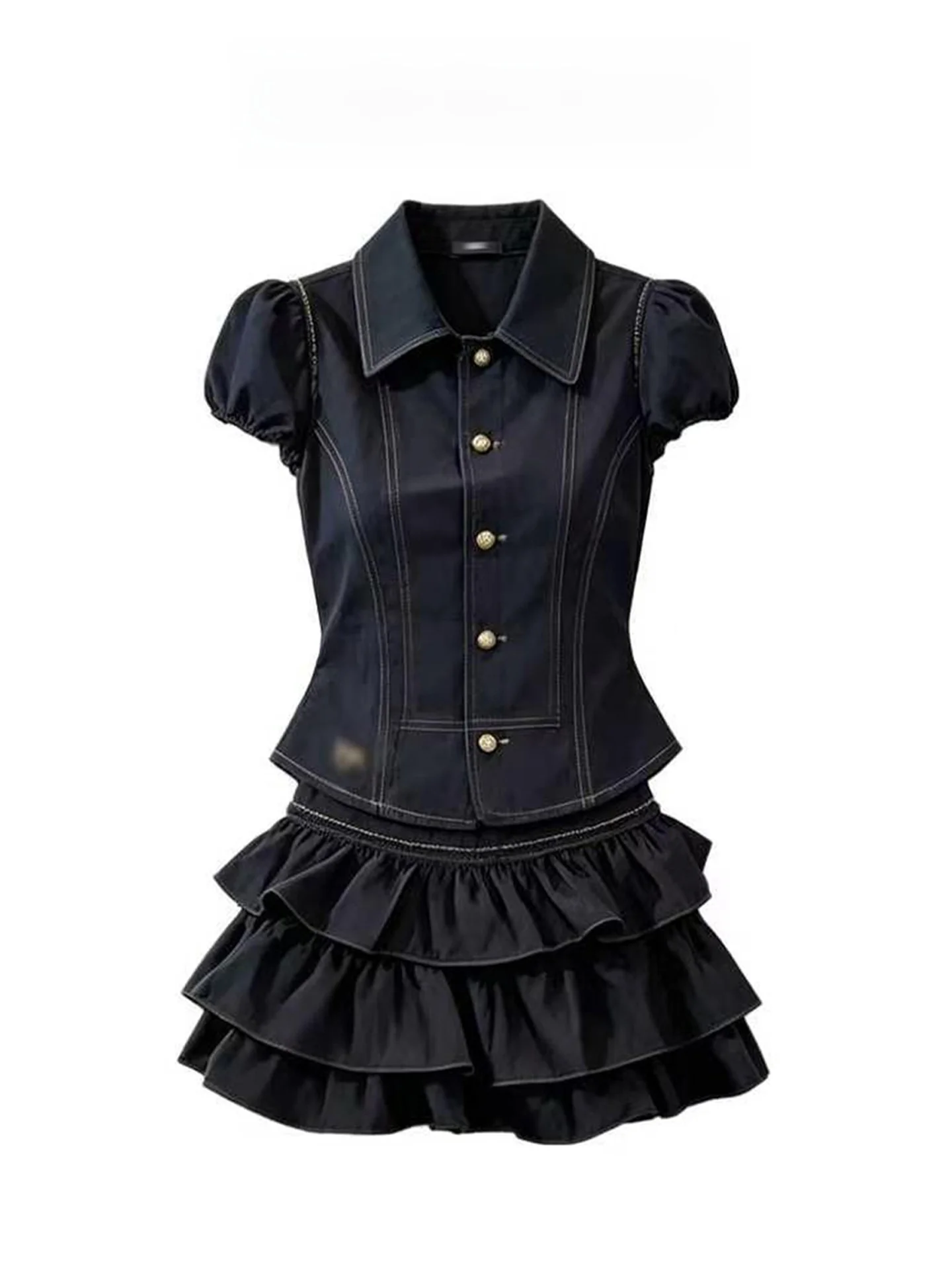 Korean College Style Women's Summer Short Sleeve Denim Waist Cinched Shirt Cake Skirt Two Piece Set Breathable Casual Fashion