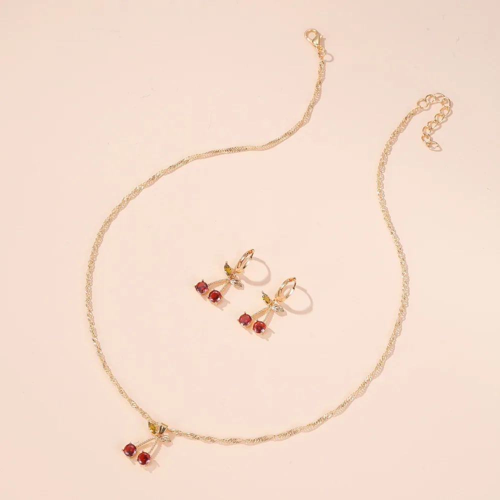 Luxury Wedding Dinner Party Temperament Jewelry Sets Bright Red Crystal Cherry Heart Pendant Necklace and Drop Earring for Women