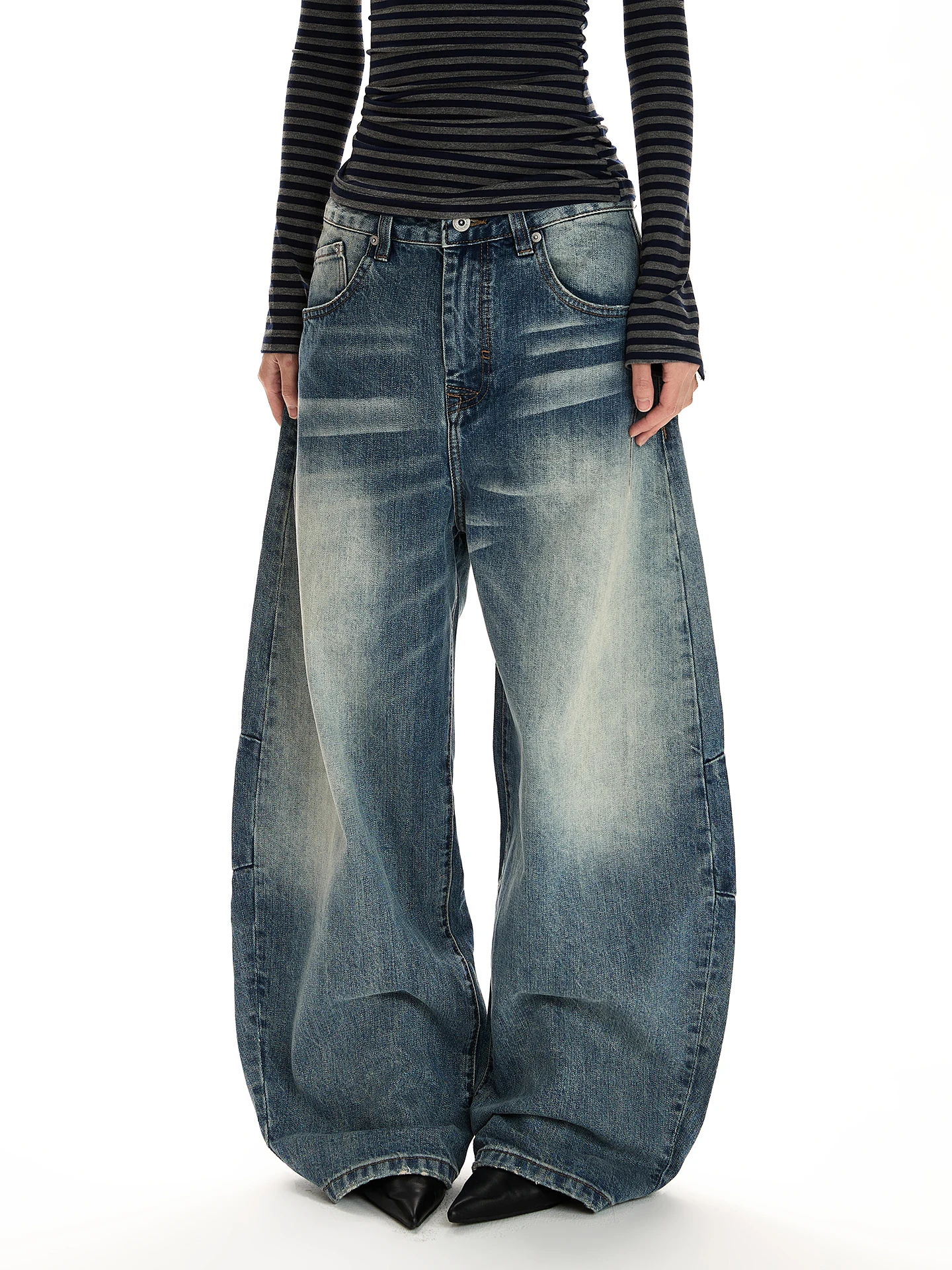 

Classic Retro Waed Distred Knife Jeans Loose Straight Leg Micro Flared A-Line Pants ex Casual Wear All Seasons