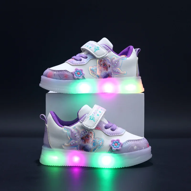 Disney LED Casual Sneakers For Spring Girls Frozen Elsa Princess Print Pu Leather Shoes Children Lighted Non-slip Pink Purple