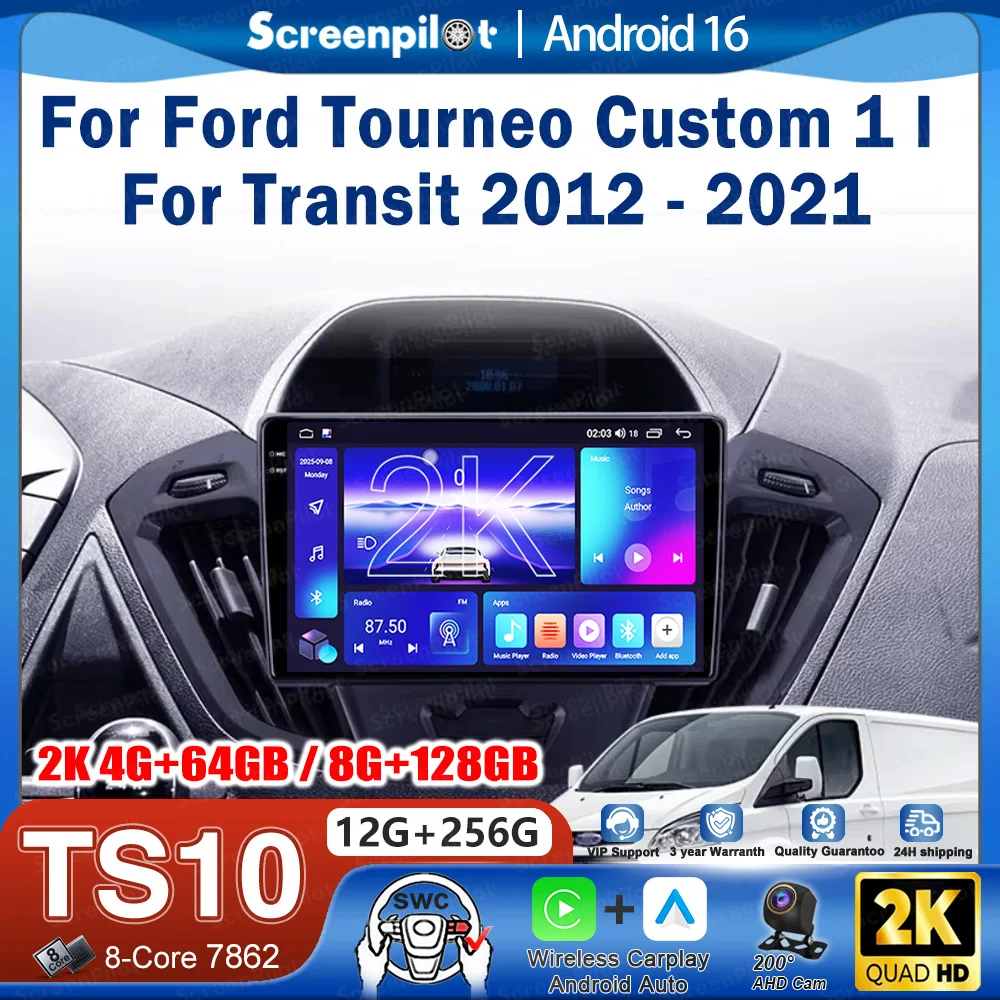 Rádio de Carro Android 16 para Ford Transit Tourneo Custom 2013-2021, Unidade de Estéreo, Player de Vídeo Multimídia, Navegação GPS, Car Play