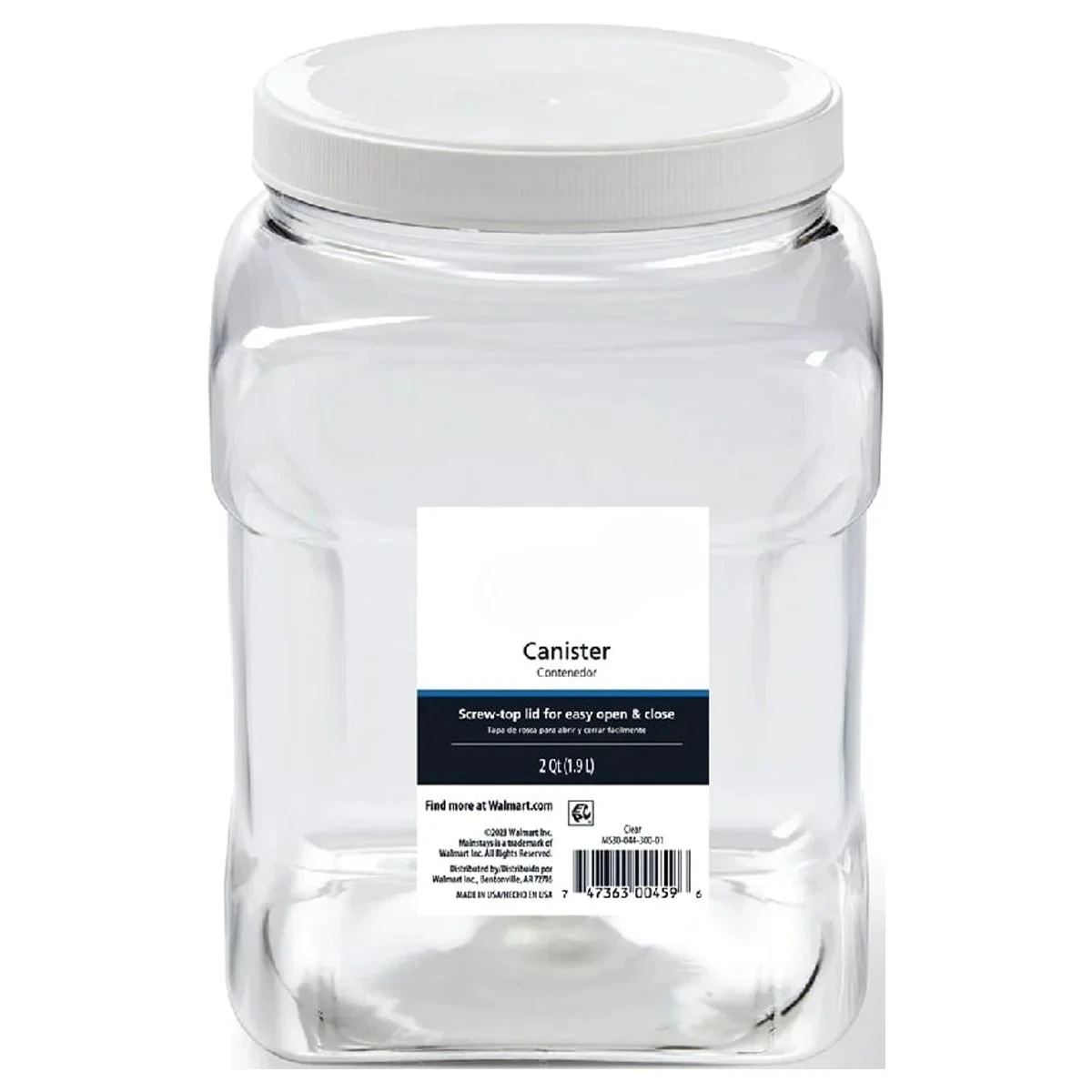 Durchsichtiger 2-Quart-Kunststoffkanister mit weißem Drehdeckel (1 Stück), 4,85" x 4,73" x 7,30"