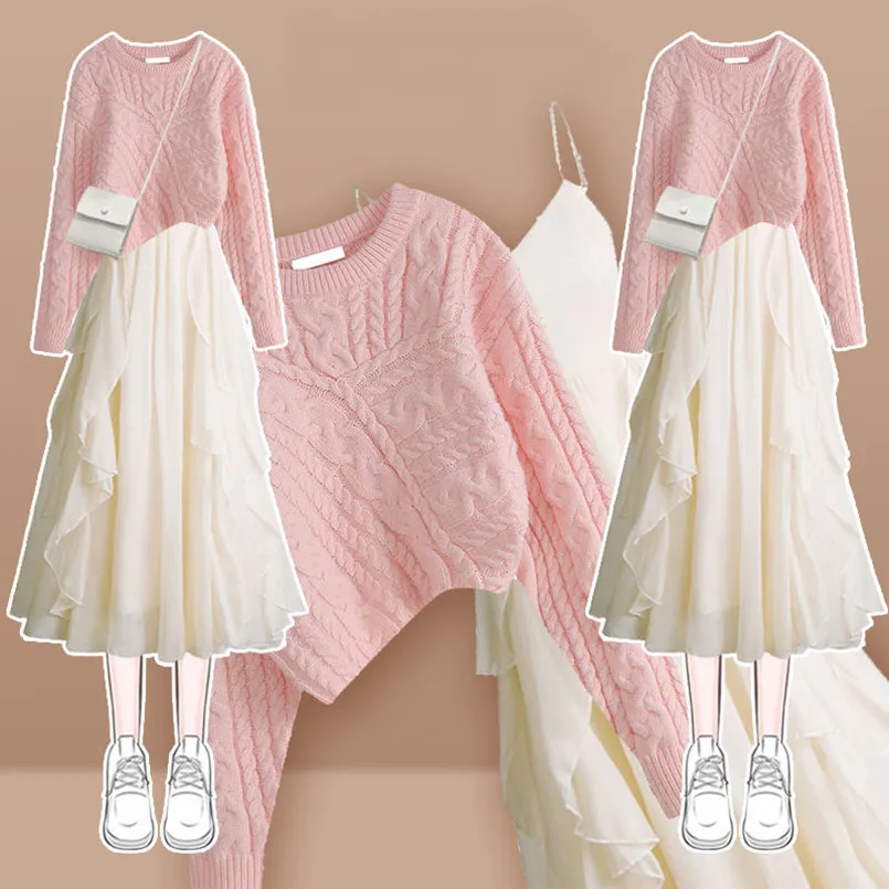Oversized Women's Autumn Set 2023 Korean Version New Slouchy Loose Knitted Sweater Hanger Dress Two Piece Set