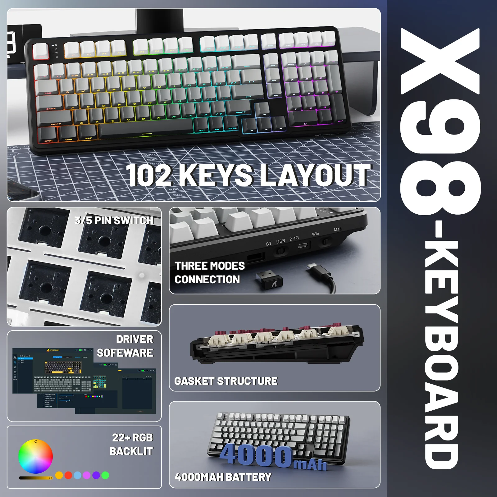 Attack Shark X98 Gaming Keyboard Wireless with Numeric Keypad,102Keys Hot-Swap RGB PBT Keycaps,4000mAh Battery,Support PC/Laptop