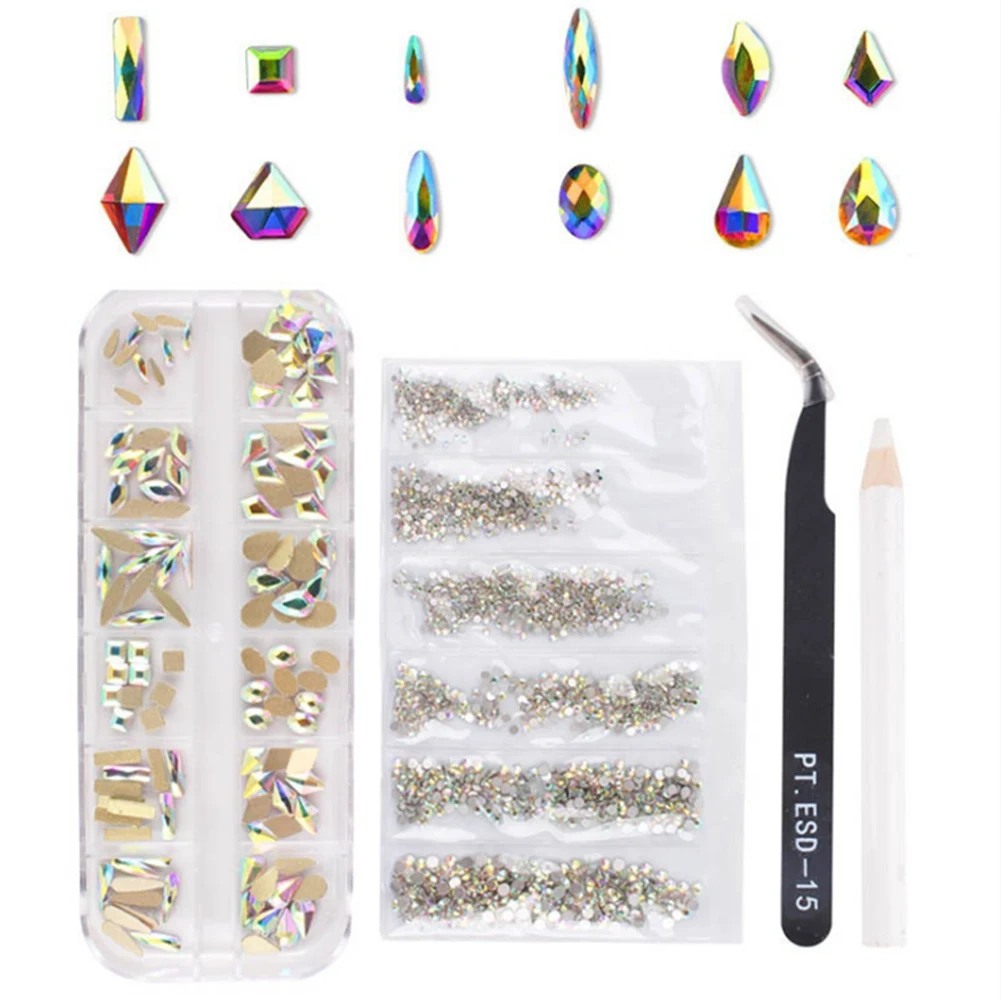 Beauty Nail Art Set Irregular Crystal Diamond Round Rhinestones Flat Bottom Curved Black Tweezer Nipper Wax Dotting Pen Tools