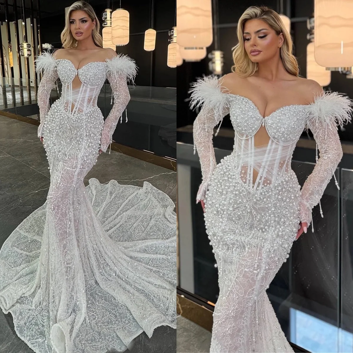 

Luxury Feather Wedding Dresses Off Shoulder Pearls Lace Bridal Gowns Long Sleeves Illusion Mermaid Customized Vestidos De Novia