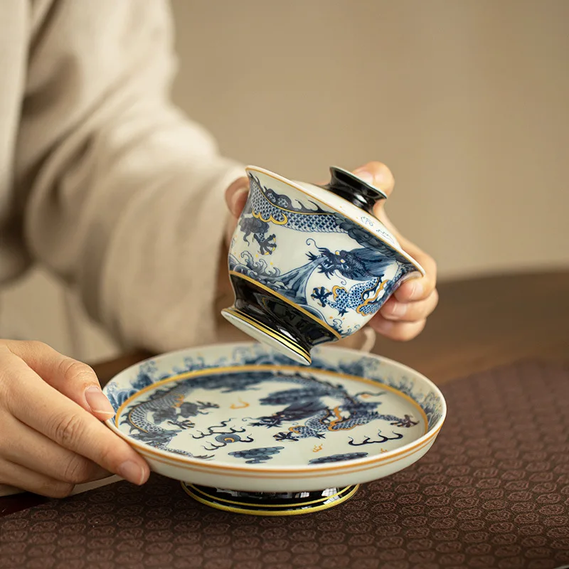 Jingdezhen Blue and White Handmade Cap Bowls, Three Talents Not Hot to Hand, Respecting Tea Bowls, Tea Pots, Brewing