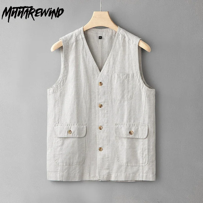 

Spring Summer Vest Male Traveling Casual Harajuku Vests for Men V-neck Button Cotton Linen Sleeveless Jacket Breathable Clothes