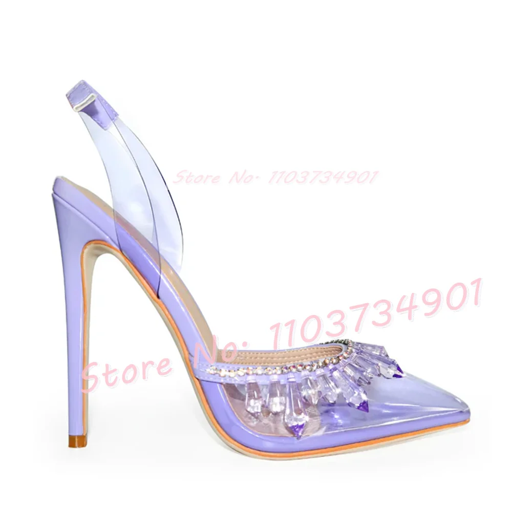 Purple Transparent Pearl Heeled Sandals Girls Elegant Rhinestones Pointy Toe Shoes Party Sexy Crystals Women Ankle Strap Sandals