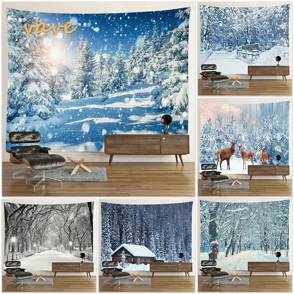 Winter Snow Woodland Tapestry Landscape Forest Large Polyester Fabric Wall Hanging for Bedroom Living Room Dorm Aesthetic Decor