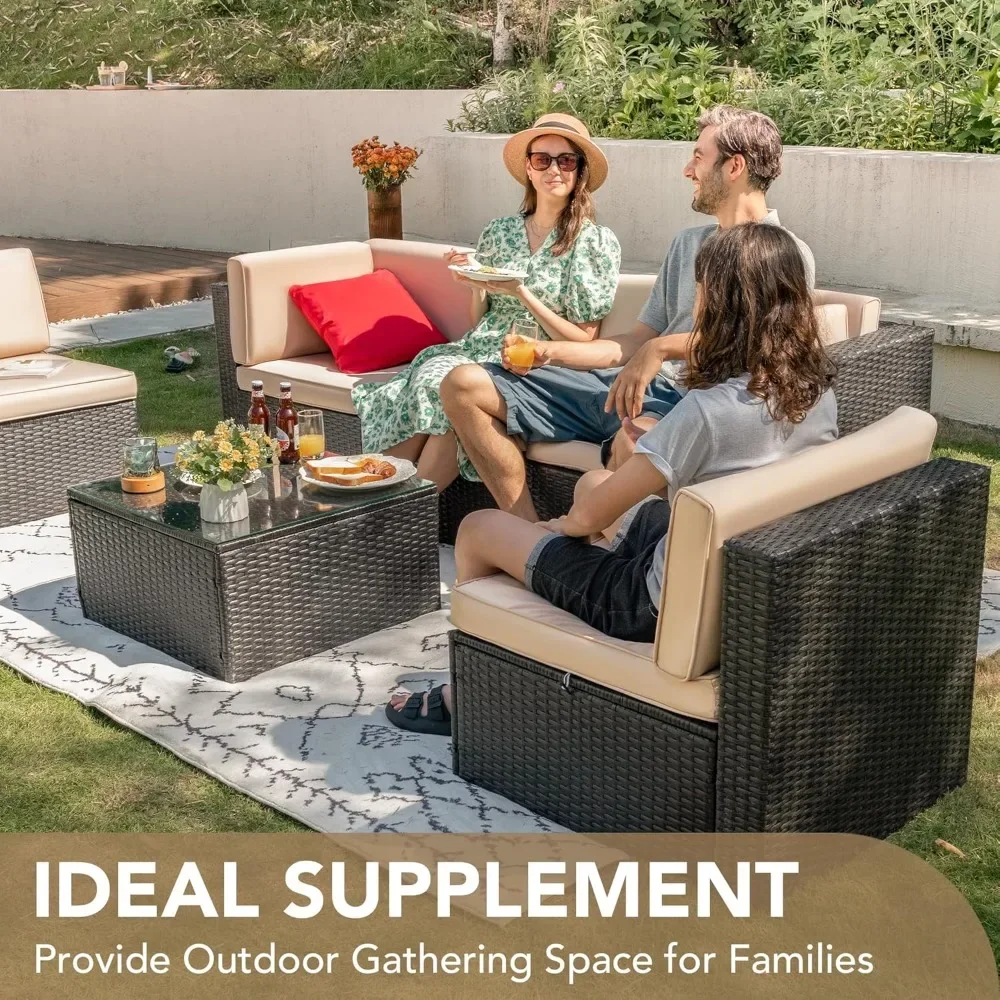 6 Stuks Outdoor Sectionele Rotan Sofa Handleiding Weven Rieten Patio Conversatie Set Met Glazen Tafel En Kussen