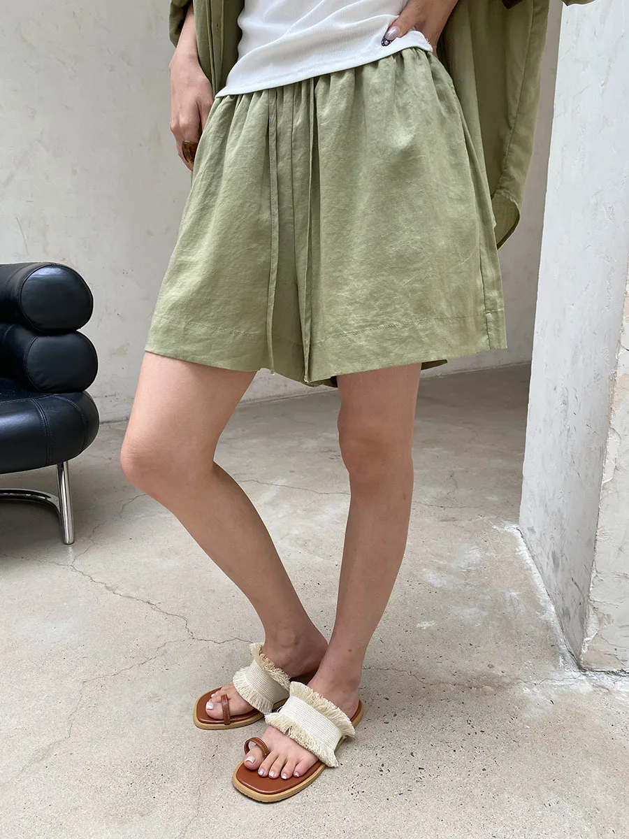 Sommer Damen Casual Einfarbiges Sonnenschutz-Kragen-Langarmshirt mit Kordelzug-Shorts, Lockeres Set – Detail 25