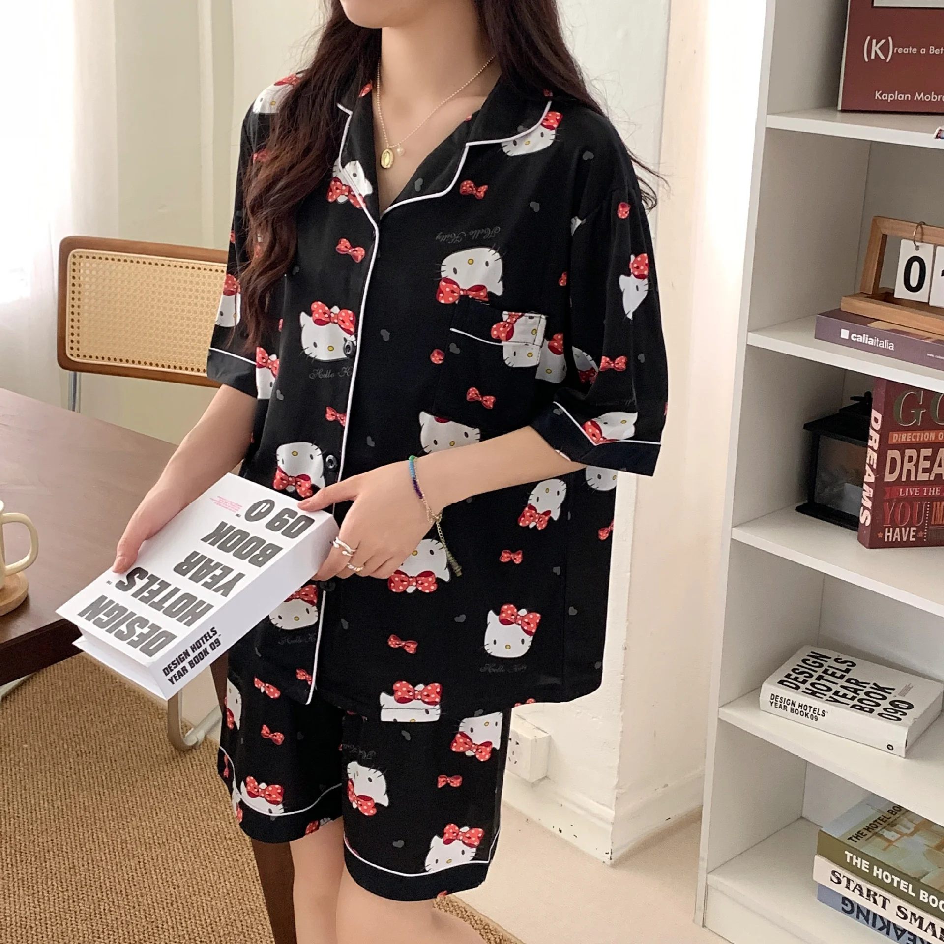 Sanrio Hello Kitty New Pajamas Set Women Summer Short Sleeve Top Shirts Sorts 2 Piece Home Suit Y2k Cute Clothes Thin Sleepwear