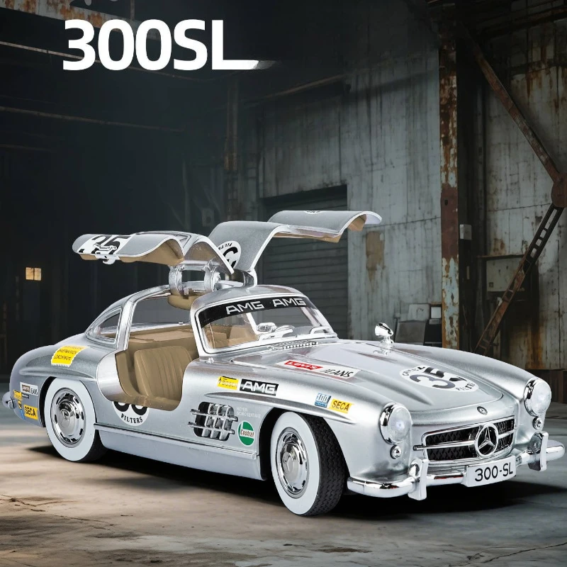 รถโมเดลเบนซ์ 300SL ขนาดใหญ่ 1:18 รุ่นวินเทจ พิมพ์ลายโลหะผสม ของเล่นย้อนยุค พร้อมเสียงและไฟ ของสะสมขนาดจิ๋ว