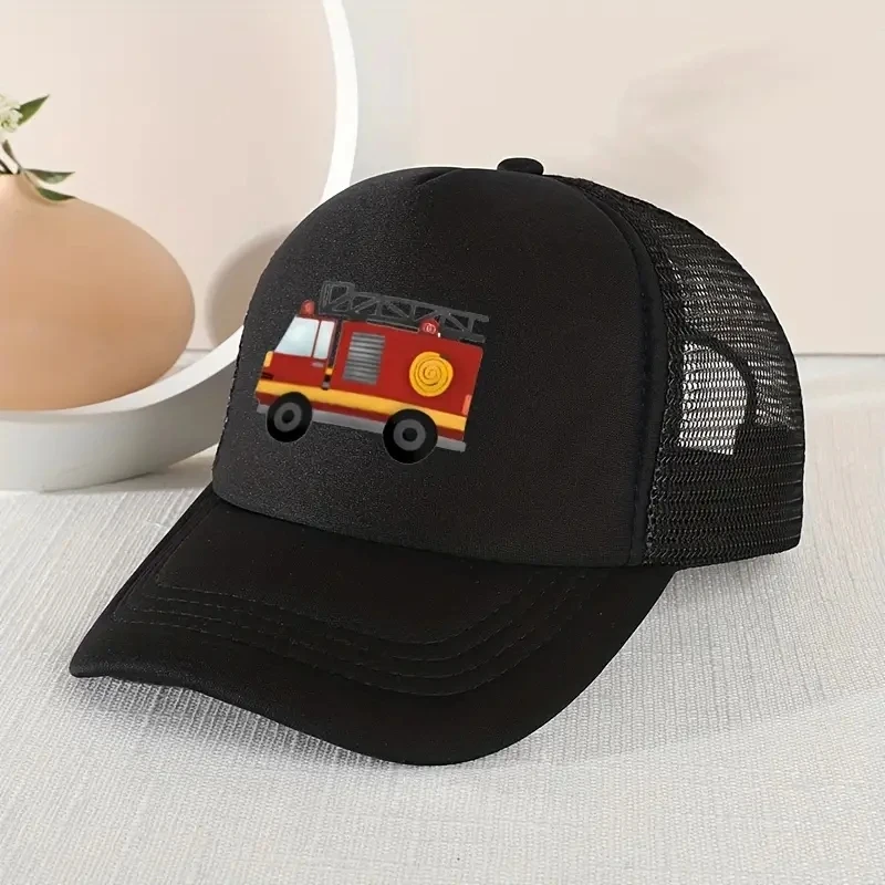 Casual Trendy Fire Truck Mesh Stitching Cap, Sun Protection Comfortable Breathable Cap For Summer Holiday Outdoor Traveling Boys