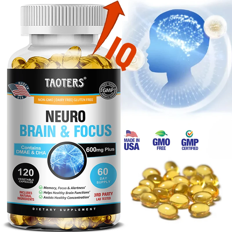 Memory, Focus, Clarity, Energy Brain Supplement - Nootropic Brain Booster DMAE Vitamins A, C, D, E, B1, B2, B3, B5, B6 Capsules