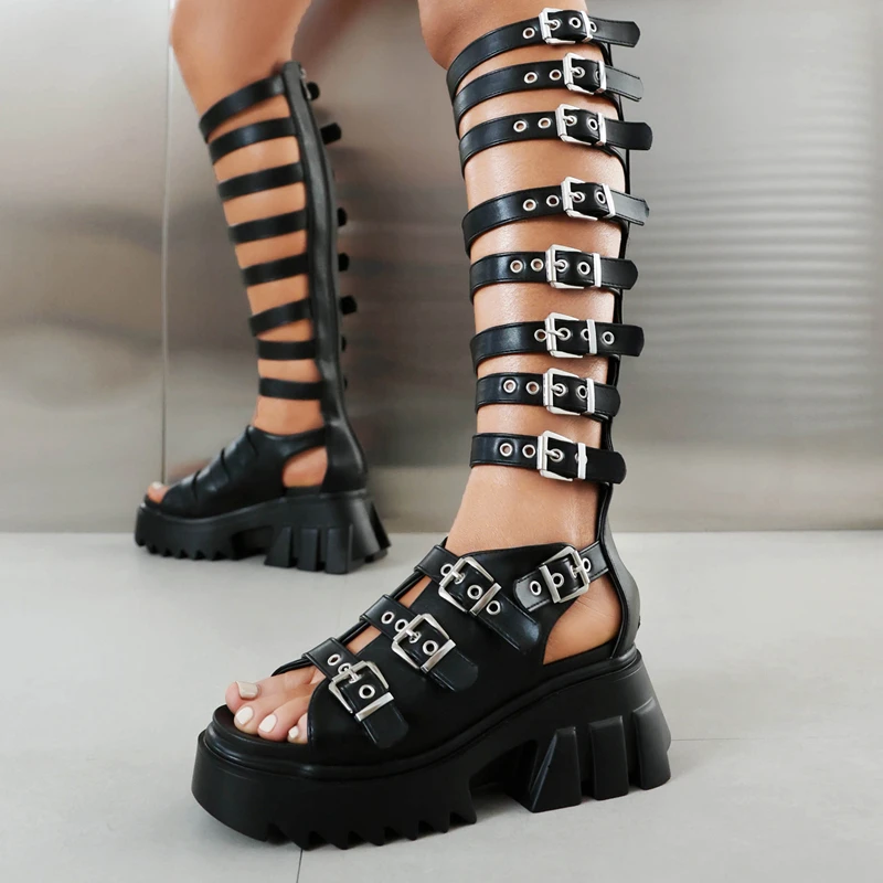 Punk Gothic Knee High Gladiator Sandals Women Shoes Zipper Hollow Rock Style Thick Platform Buckle Strap Roman Wedges Size 35-43