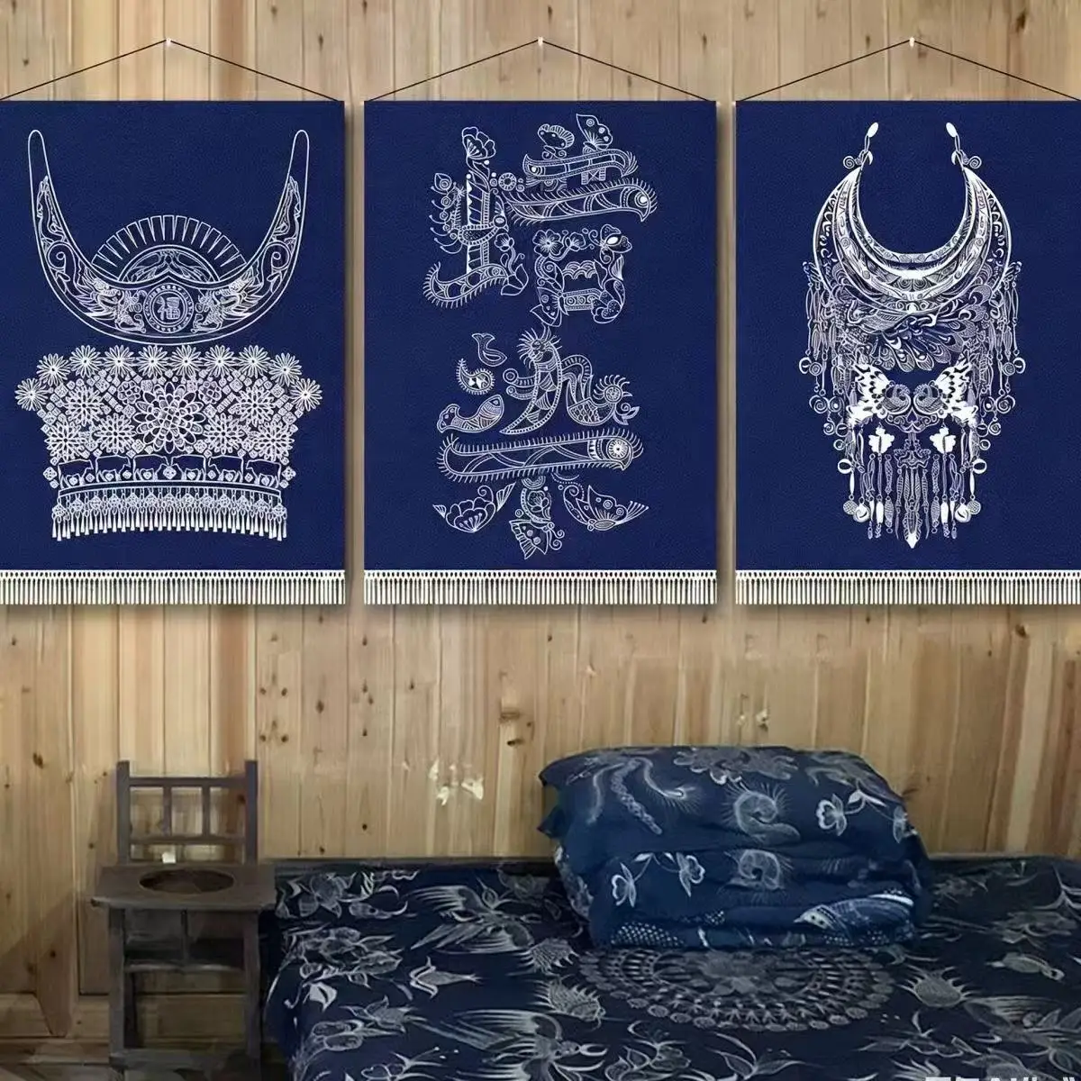 Chinese Miao Ethnic Fabric Hanging Painting Minority Wax Printing Style Homestay School Corridor Background Cloth Painting ZJ198