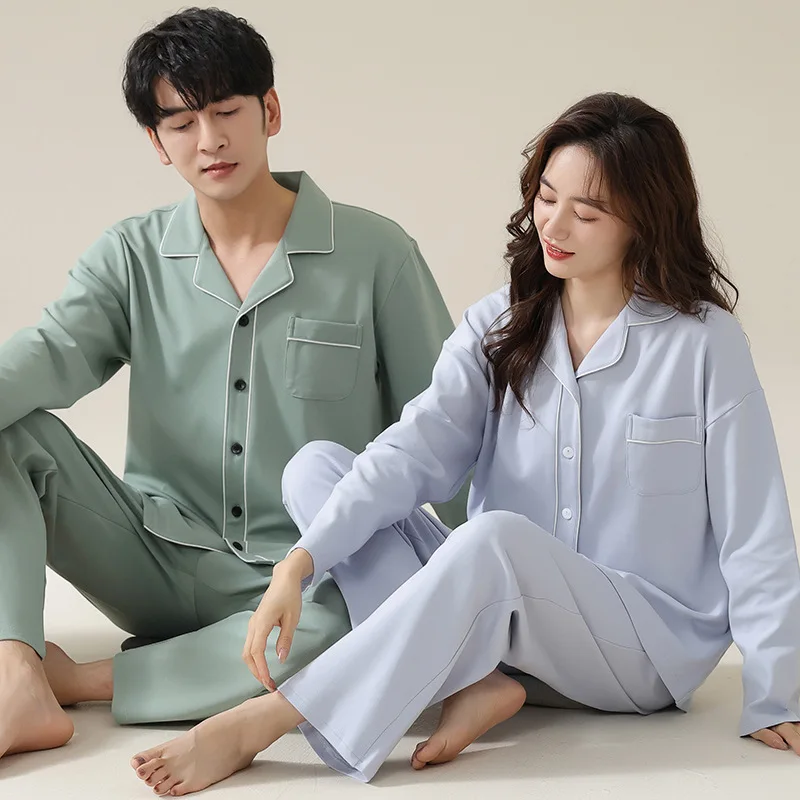 Pakaian tidur Mode Korea baru 2024 baju rumah katun lembut untuk kekasih wanita dan pria Piyama yang cocok set baju tidur kasual