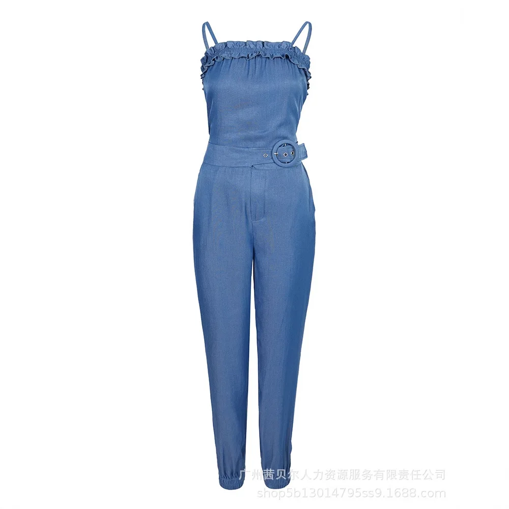 여름 여성용 데님풍 러플 엣지 스플라이싱 슬리브리스 탱크탑 & 팬츠 세트 솔리드 컬러