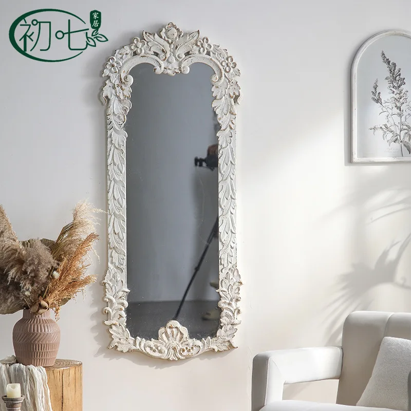 French retro living room decorative wall-mounted mirror, wall art carved full-body mirror, clothing store old fitting mirror