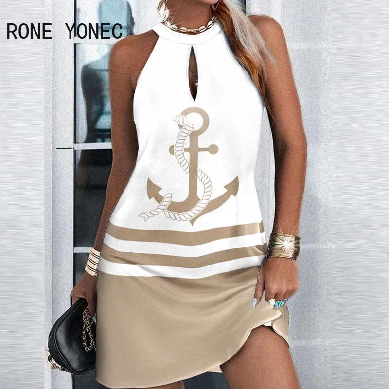 Women Chic Hollow Out Halter Sleeveless Sailing Series Pattern A-line Party Mini Sexy Dress