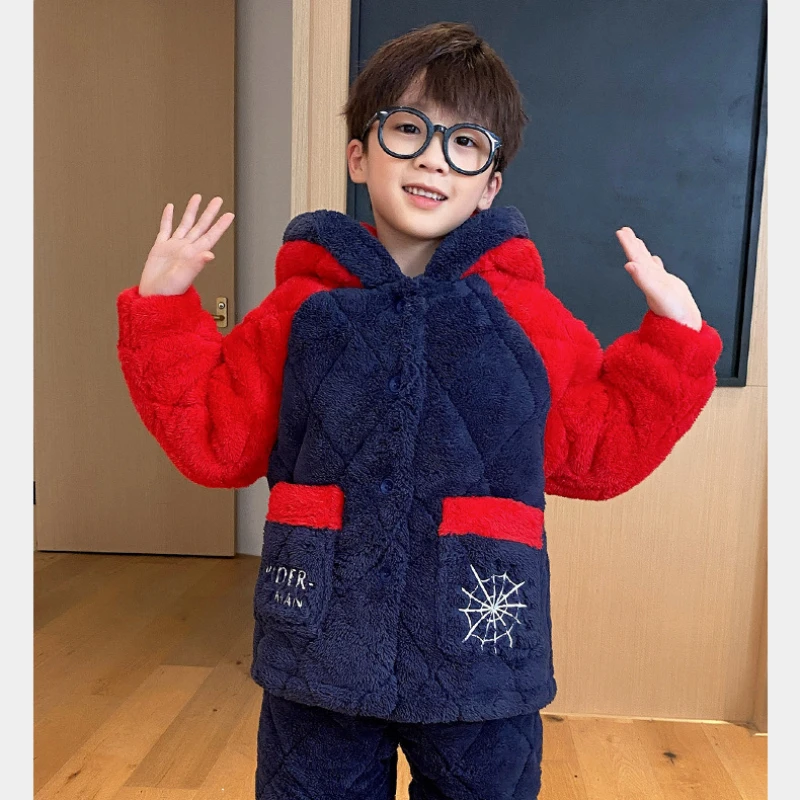 Marvel Spider Man Children Pajamas Sets Flannel Warm Hooded Women Men Winter Unisex Cartoon Pajamas Kid Christmas Birthday Gifts